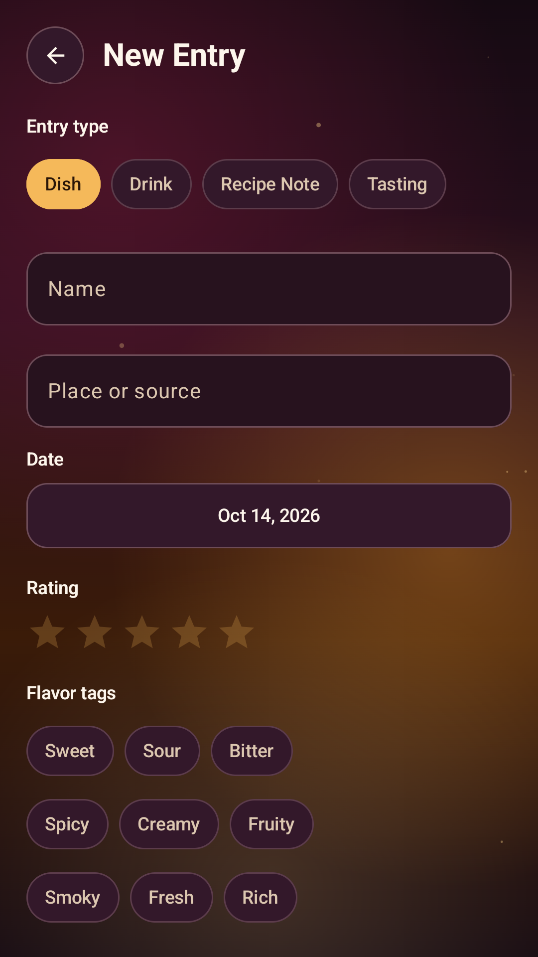 Flavor Journal new entry screen