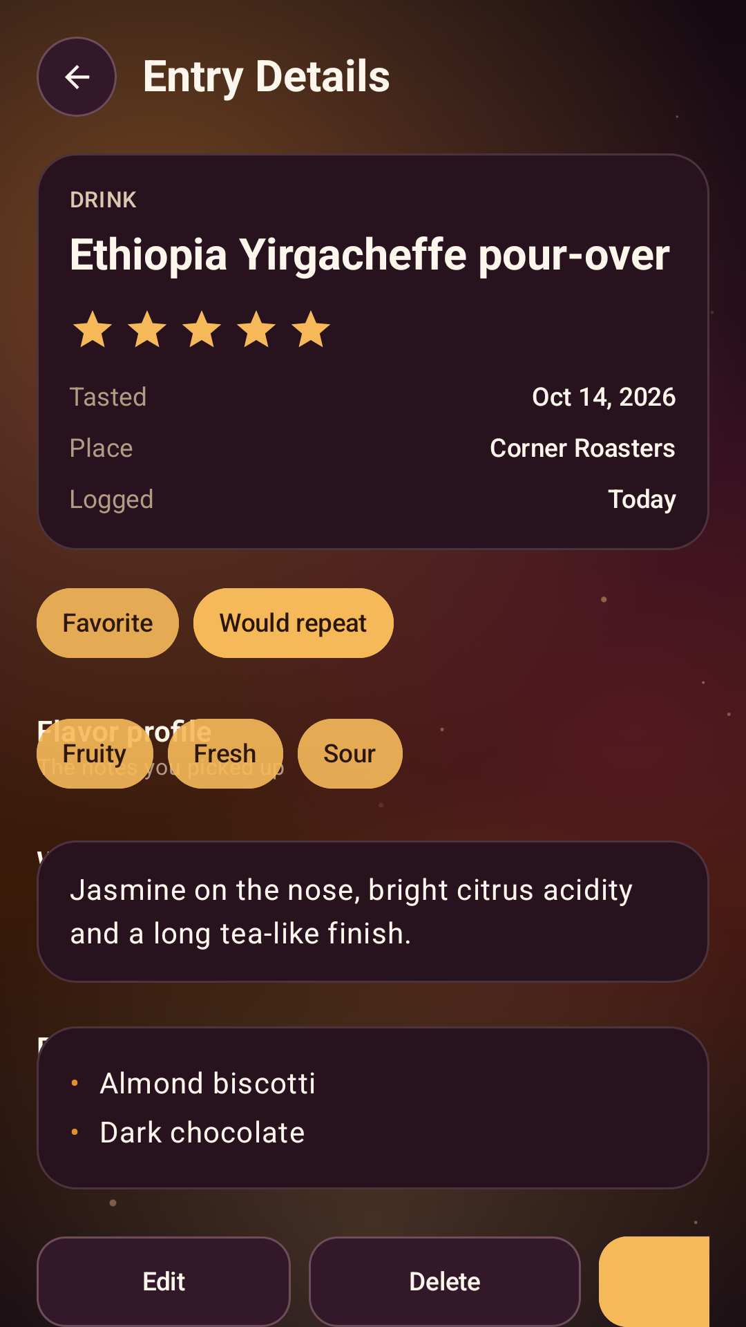 Flavor Journal entry details screen